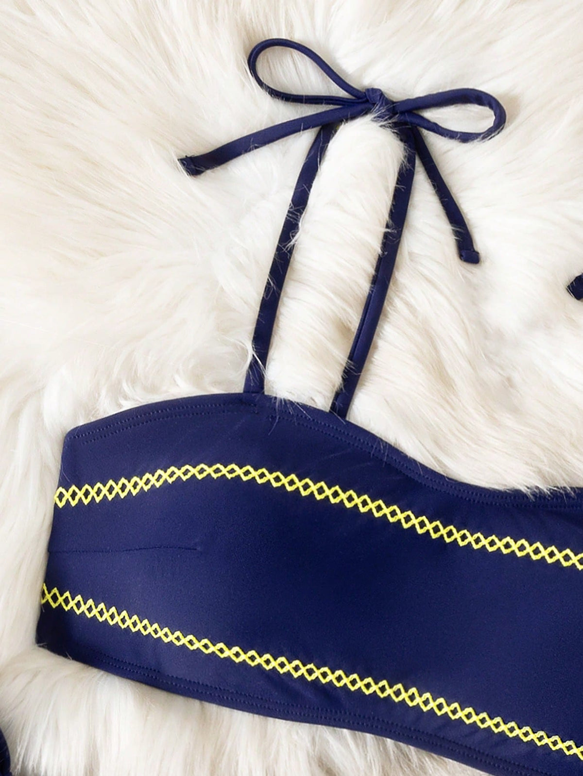 Women's Navy Blue 2026 Lucky Girl Series Strapless Yellow Bud Crafted Elegant Spaghetti Strap Minimalist Sexy Bikini Two Pieces Swimwear Set, Beach Casual & Holiday High Elasticity Swimwear Side Tie S