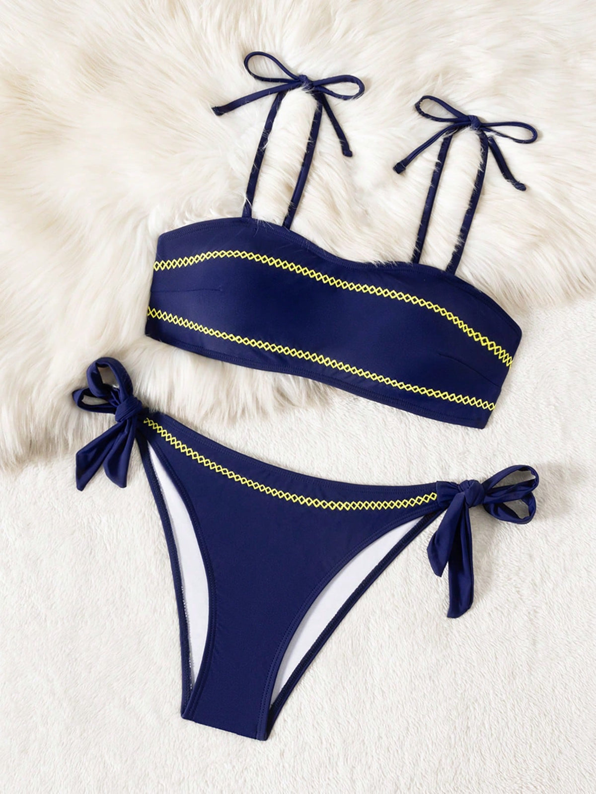 Women's Navy Blue 2026 Lucky Girl Series Strapless Yellow Bud Crafted Elegant Spaghetti Strap Minimalist Sexy Bikini Two Pieces Swimwear Set, Beach Casual & Holiday High Elasticity Swimwear Side Tie S