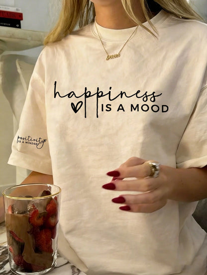 Women's New Summer Regular Length Knit Fabric T-Shirt With Positive & Happy Quotes, Minimalist Fashion, Suitable For Daily & Vacation Wear Casual
