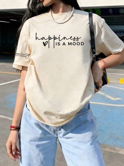 Women's New Summer Regular Length Knit Fabric T-Shirt With Positive & Happy Quotes, Minimalist Fashion, Suitable For Daily & Vacation Wear Casual