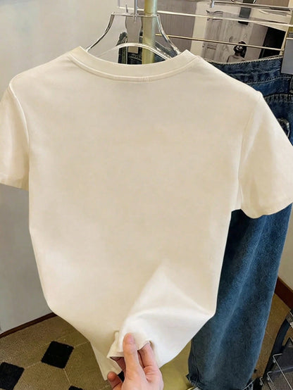Women's New Summer Regular Length Knit Fabric T-Shirt With Positive & Happy Quotes, Minimalist Fashion, Suitable For Daily & Vacation Wear Casual