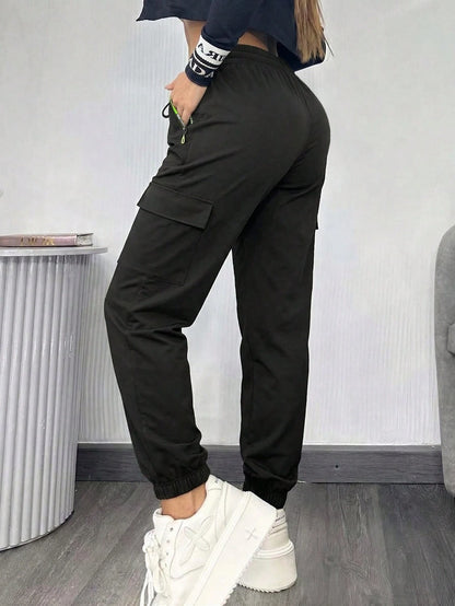 Women's Outdoor Cargo Pants, Lightweight Casual Sports Trousers With Large Pockets For Spring/Summer, Suitable For Outdoor Hiking And Daily Wear, With Zipper Pockets And Drawstring Black