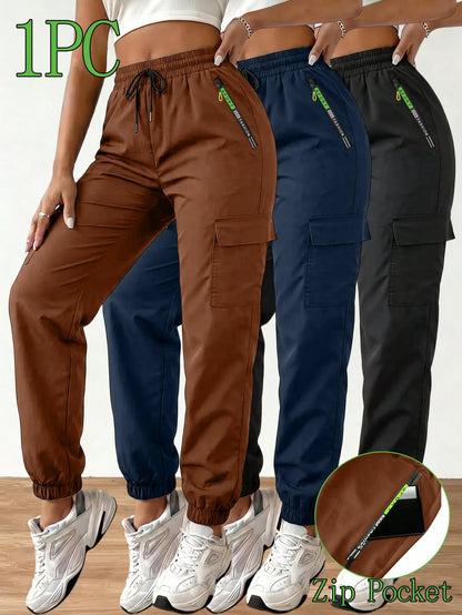 Women's Outdoor Cargo Pants, Lightweight Casual Sports Trousers With Large Pockets For Spring/Summer, Suitable For Outdoor Hiking And Daily Wear, With Zipper Pockets And Drawstring Black