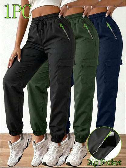 Women's Outdoor Cargo Pants, Lightweight Casual Sports Trousers With Large Pockets For Spring/Summer, Suitable For Outdoor Hiking And Daily Wear, With Zipper Pockets And Drawstring Black