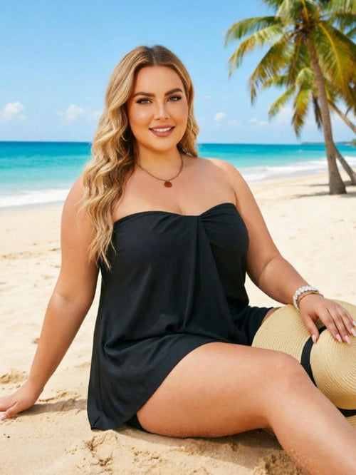 Women's Plus Size Black Tube Top Tankini, High Stretch Swimsuit Top For Beachwear, Comfortable Bathing Suit For Summer Vacation