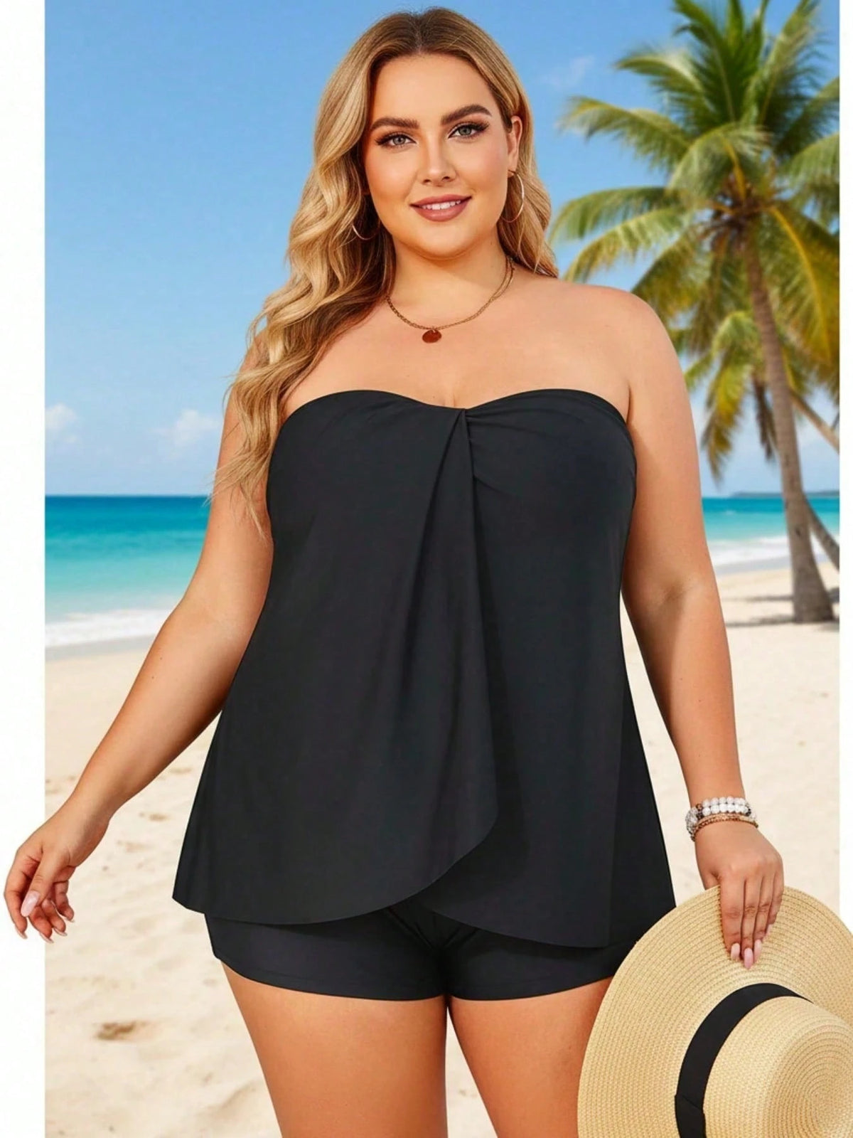 Women's Plus Size Black Tube Top Tankini, High Stretch Swimsuit Top For Beachwear, Comfortable Bathing Suit For Summer Vacation