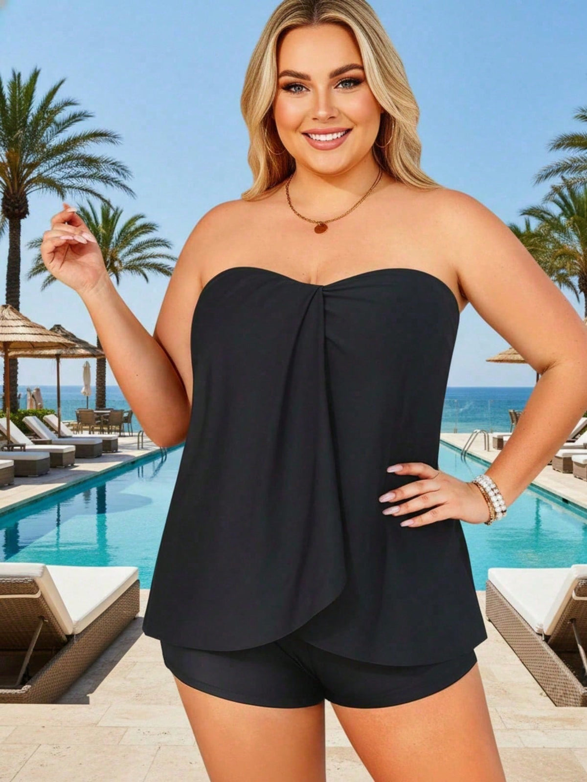 Women's Plus Size Black Tube Top Tankini, High Stretch Swimsuit Top For Beachwear, Comfortable Bathing Suit For Summer Vacation
