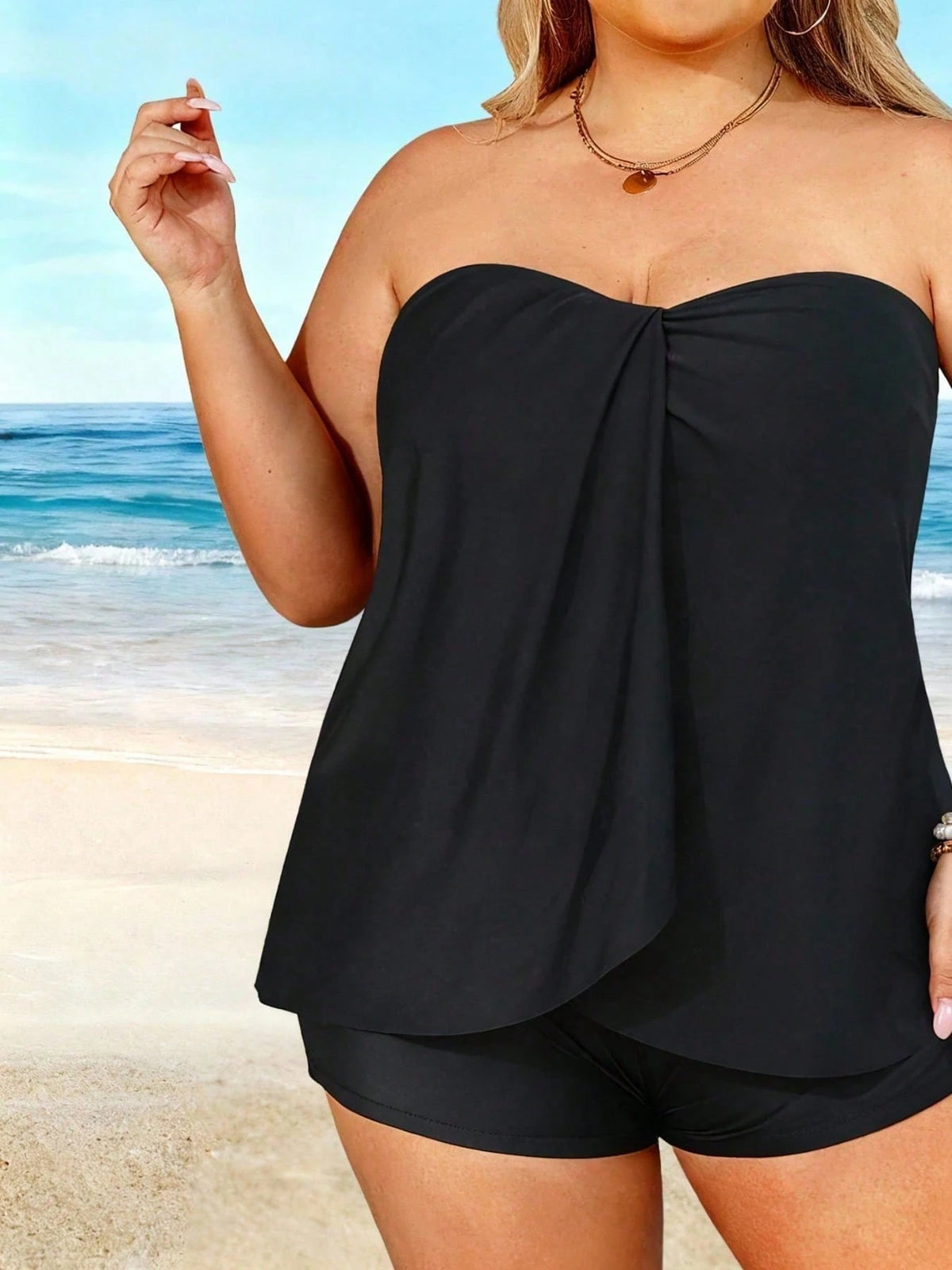 Women's Plus Size Black Tube Top Tankini, High Stretch Swimsuit Top For Beachwear, Comfortable Bathing Suit For Summer Vacation