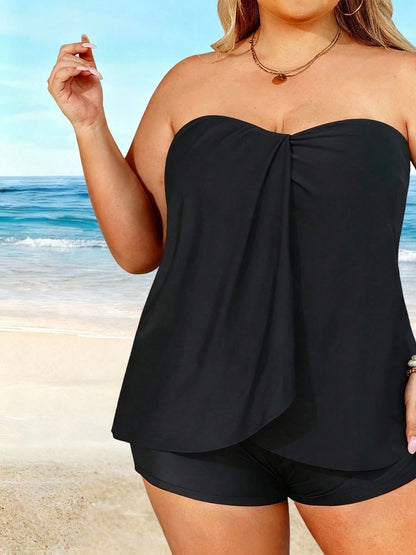 Women's Plus Size Black Tube Top Tankini, High Stretch Swimsuit Top For Beachwear, Comfortable Bathing Suit For Summer Vacation