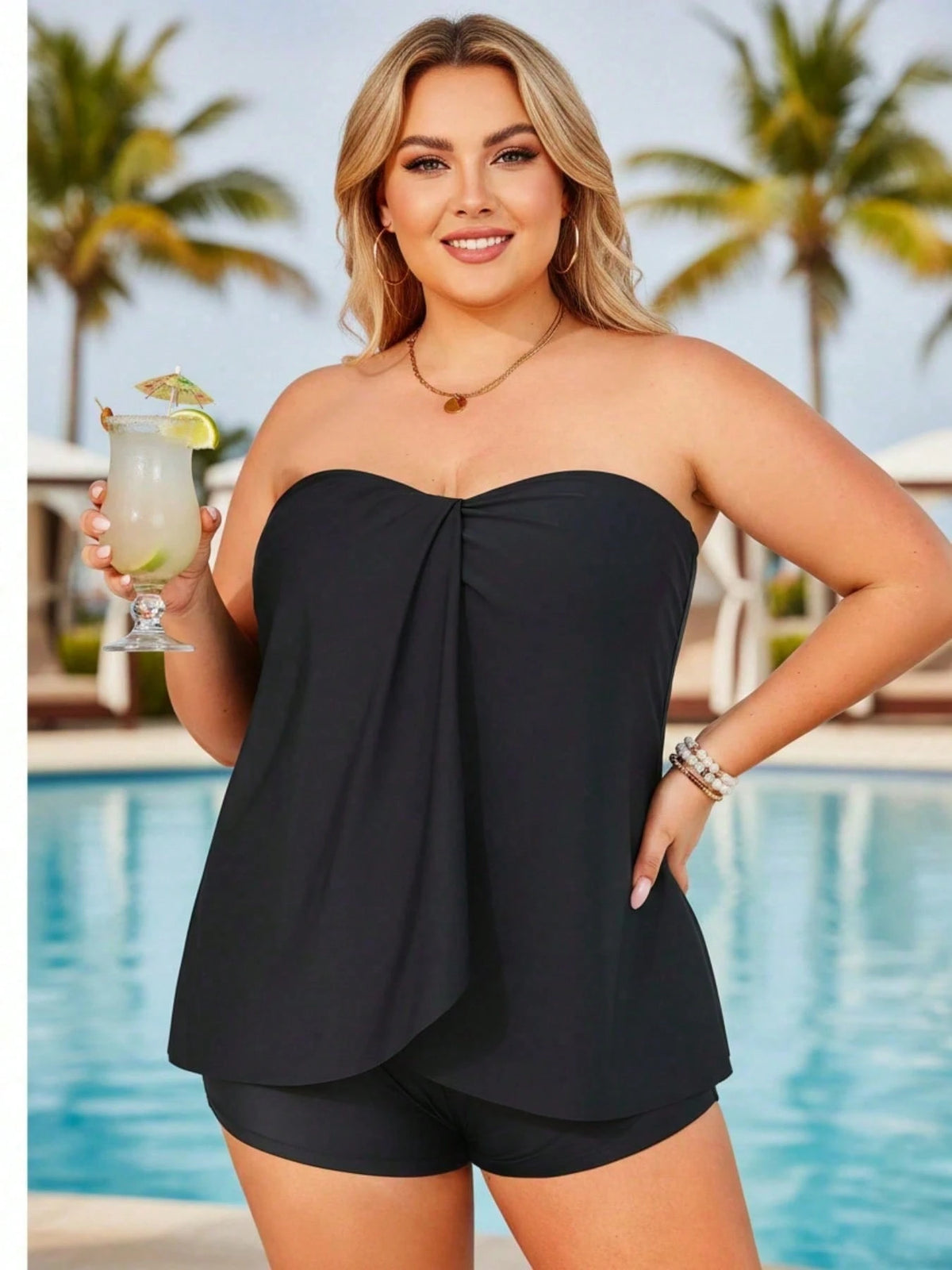 Women's Plus Size Black Tube Top Tankini, High Stretch Swimsuit Top For Beachwear, Comfortable Bathing Suit For Summer Vacation