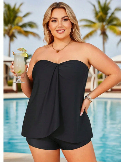 Women's Plus Size Black Tube Top Tankini, High Stretch Swimsuit Top For Beachwear, Comfortable Bathing Suit For Summer Vacation