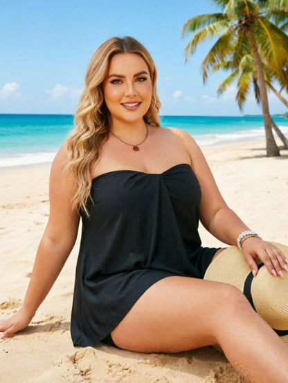 Women's Plus Size Black Tube Top Tankini, High Stretch Swimsuit Top For Beachwear, Comfortable Bathing Suit For Summer Vacation