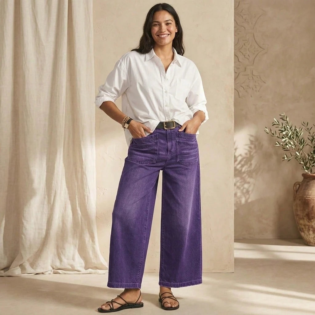 Women's Plus Size High Waist Wide Leg Cropped Jeans Solid Purple Denim Pants With Patch Pockets Relaxed Casual Fit No Belt Included For Daily Wear