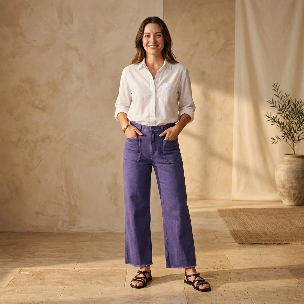 Women's Plus Size High Waist Wide Leg Cropped Jeans Solid Purple Denim Pants With Patch Pockets Relaxed Casual Fit No Belt Included For Daily Wear