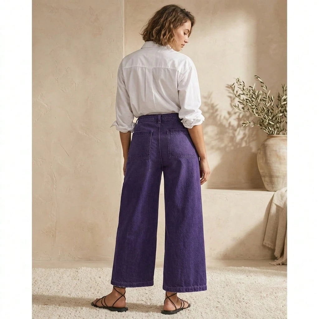 Women's Plus Size High Waist Wide Leg Cropped Jeans Solid Purple Denim Pants With Patch Pockets Relaxed Casual Fit No Belt Included For Daily Wear