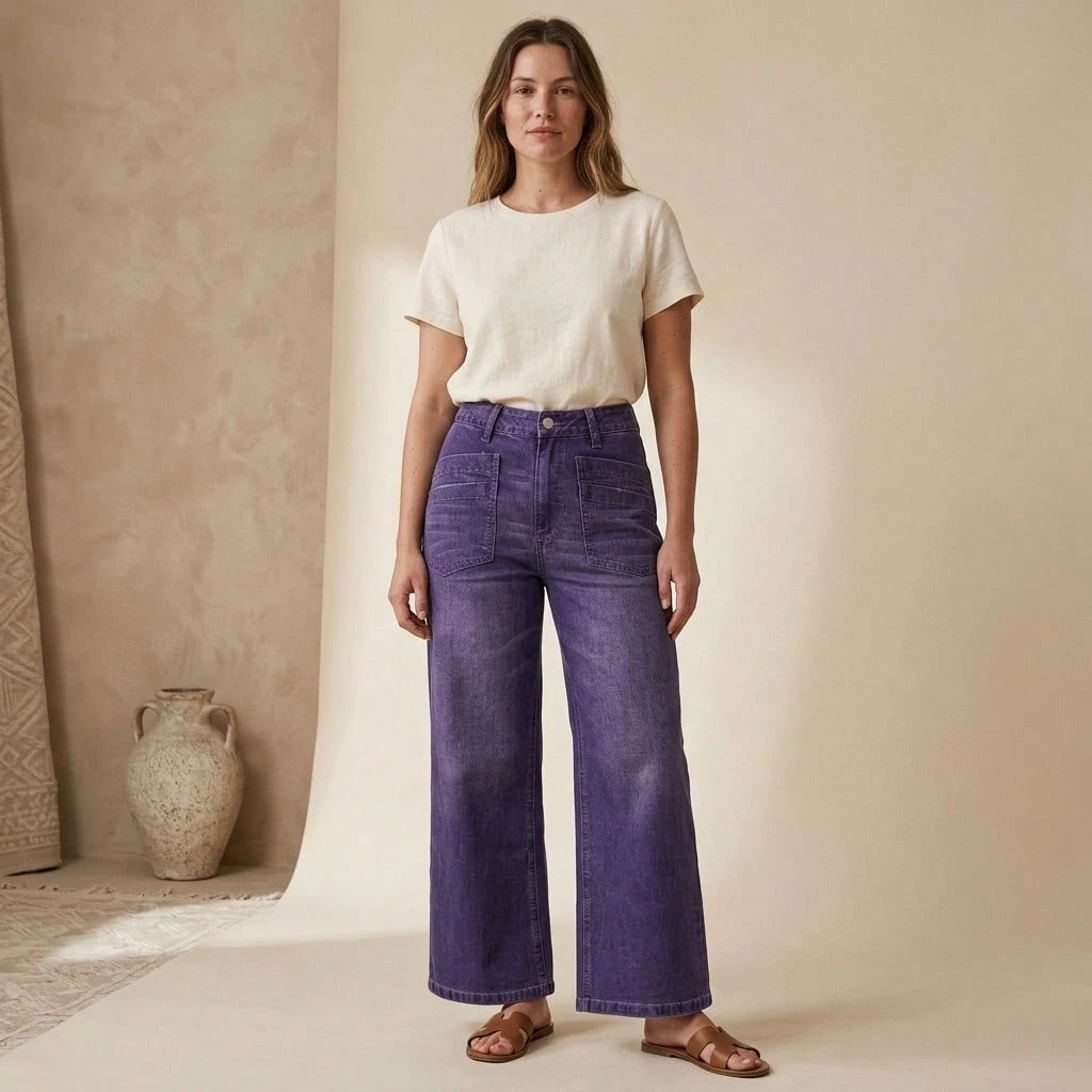 Women's Plus Size High Waist Wide Leg Cropped Jeans Solid Purple Denim Pants With Patch Pockets Relaxed Casual Fit No Belt Included For Daily Wear
