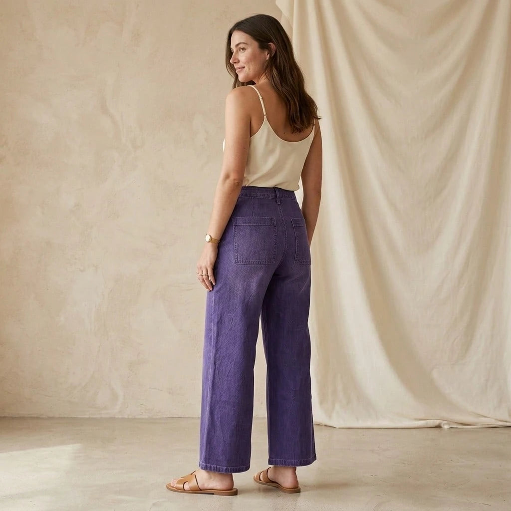 Women's Plus Size High Waist Wide Leg Cropped Jeans Solid Purple Denim Pants With Patch Pockets Relaxed Casual Fit No Belt Included For Daily Wear