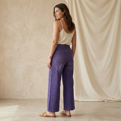 Women's Plus Size High Waist Wide Leg Cropped Jeans Solid Purple Denim Pants With Patch Pockets Relaxed Casual Fit No Belt Included For Daily Wear