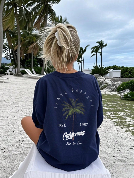 Women's Round Neck T-Shirt, Coconut Tree And Letter Print, White And Pink Available, Casual Vacation Style, Suitable For Summer Daily Wear