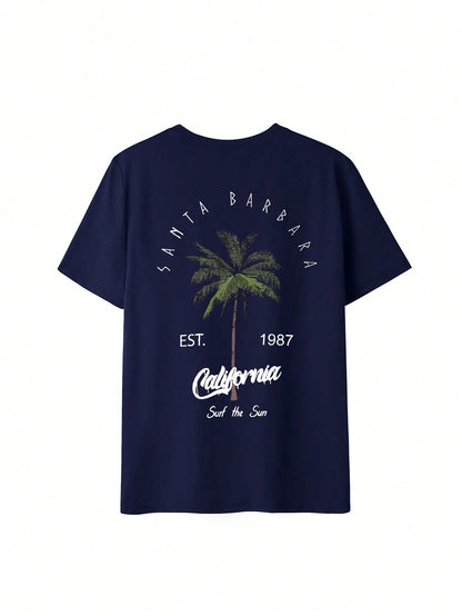 Women's Round Neck T-Shirt, Coconut Tree And Letter Print, White And Pink Available, Casual Vacation Style, Suitable For Summer Daily Wear