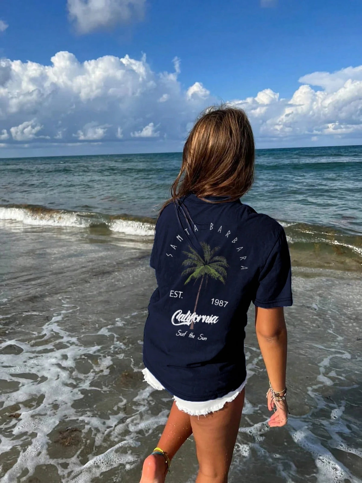 Women's Round Neck T-Shirt, Coconut Tree And Letter Print, White And Pink Available, Casual Vacation Style, Suitable For Summer Daily Wear