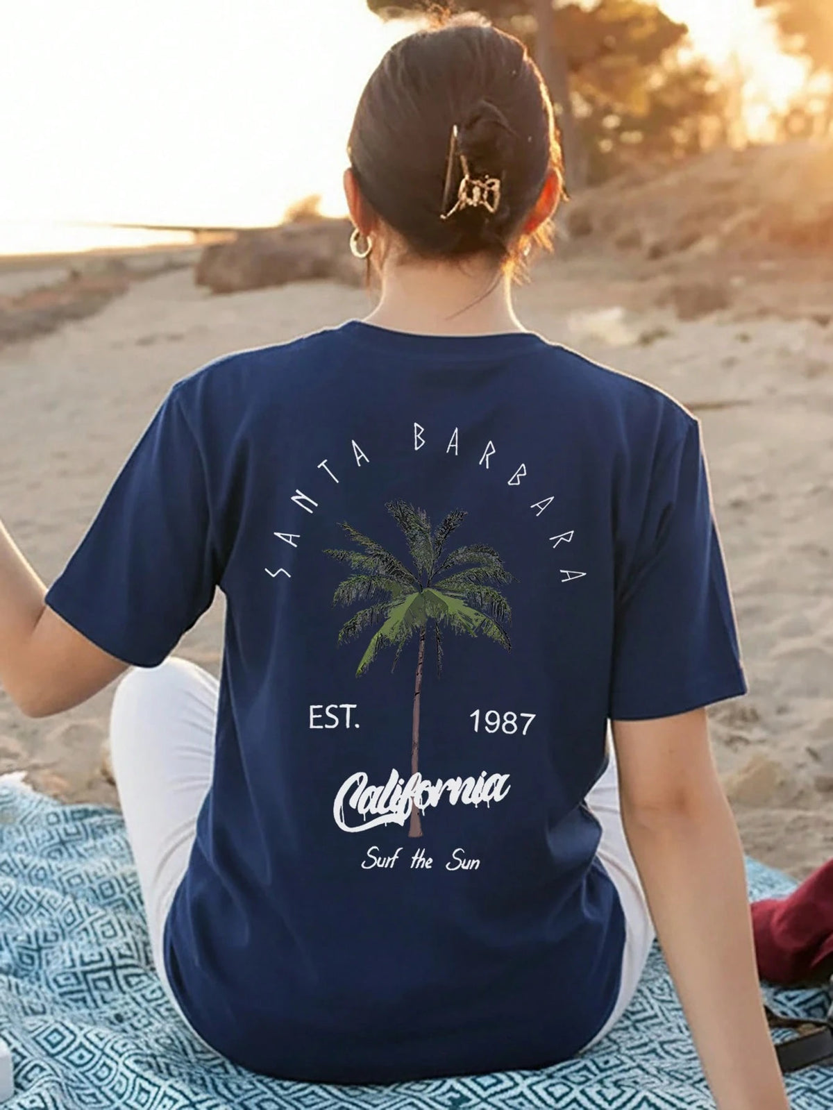 Women's Round Neck T-Shirt, Coconut Tree And Letter Print, White And Pink Available, Casual Vacation Style, Suitable For Summer Daily Wear
