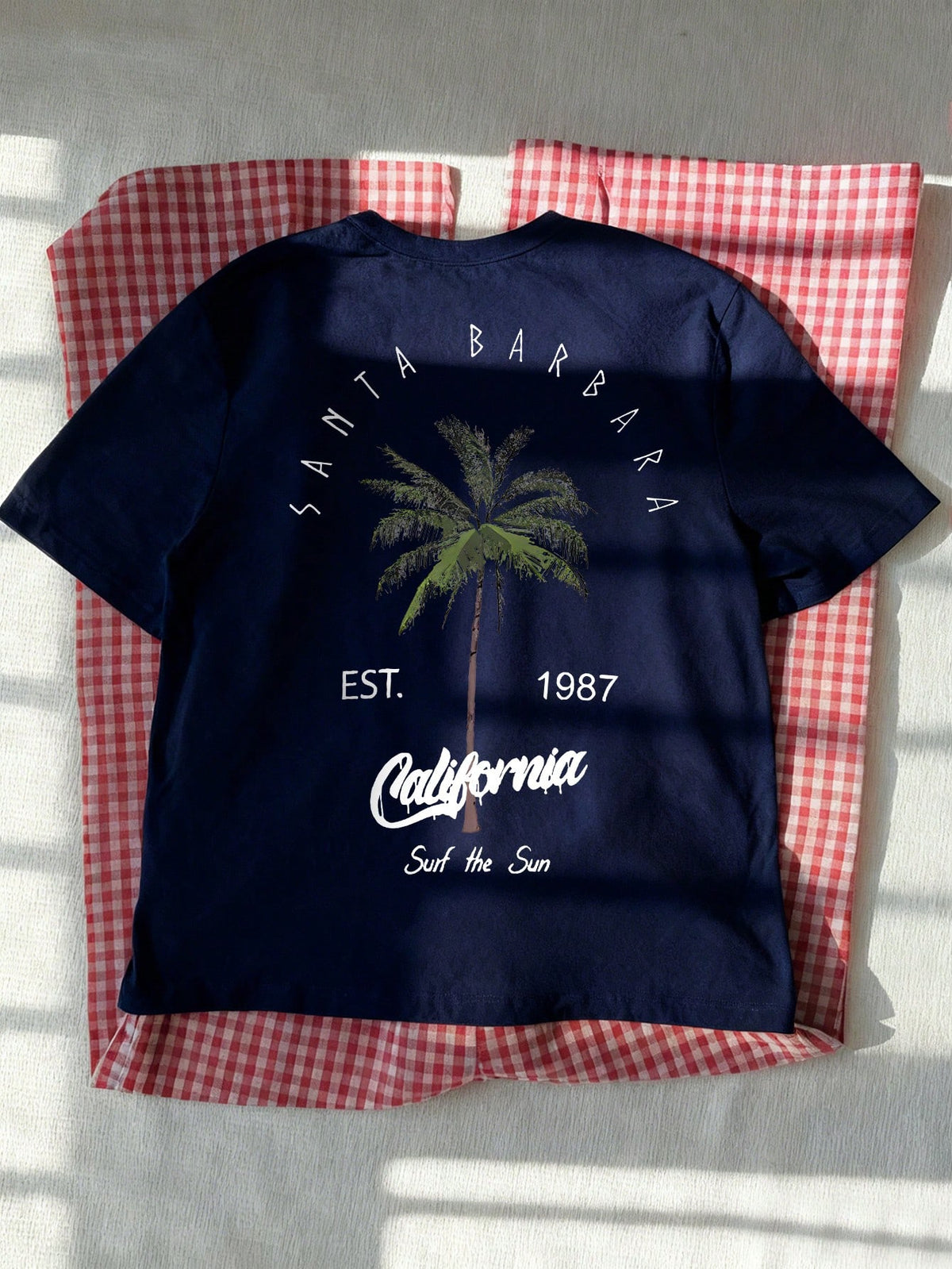 Women's Round Neck T-Shirt, Coconut Tree And Letter Print, White And Pink Available, Casual Vacation Style, Suitable For Summer Daily Wear