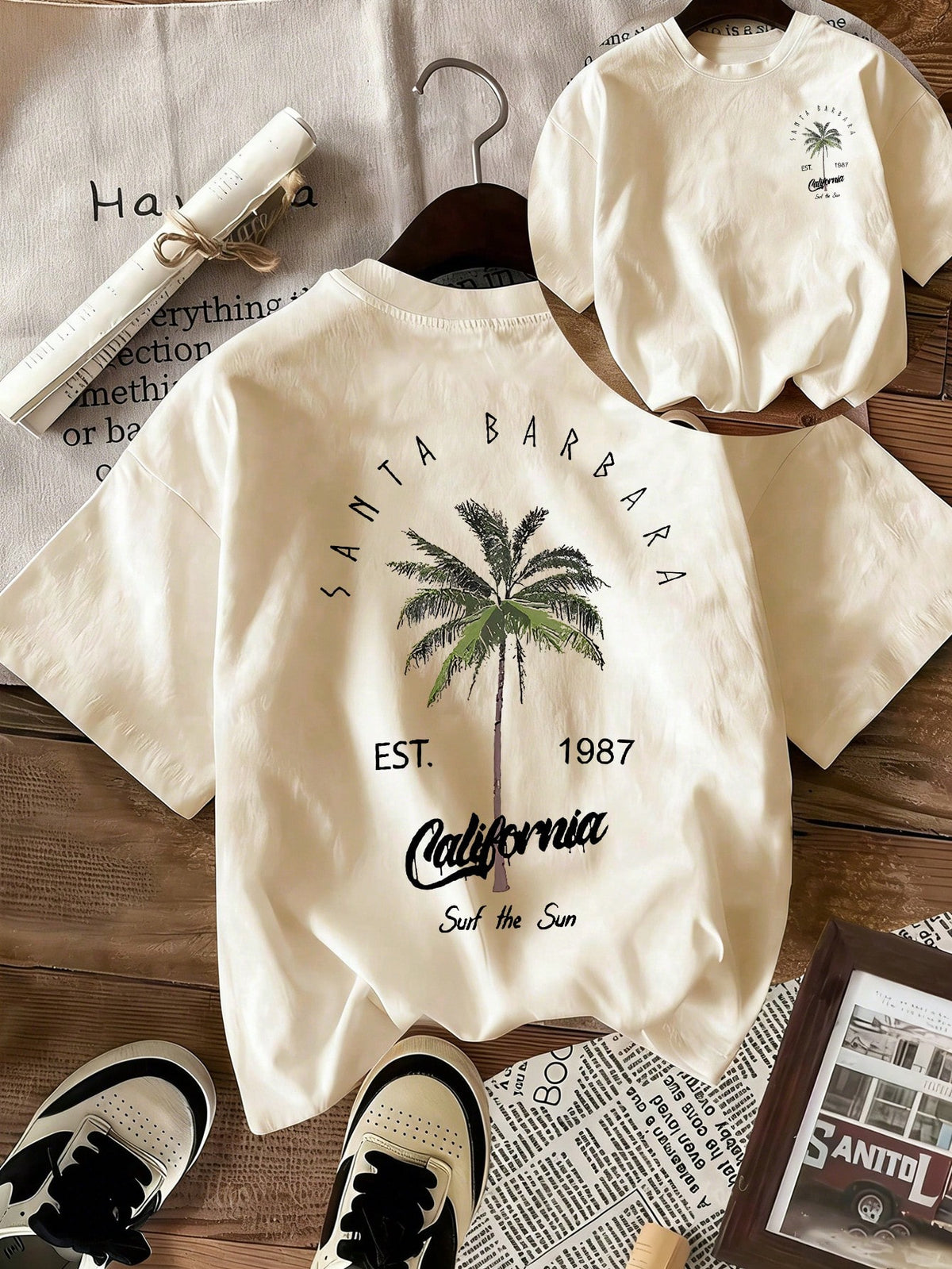 Women's Round Neck T-Shirt, Coconut Tree And Letter Print, White And Pink Available, Casual Vacation Style, Suitable For Summer Daily Wear