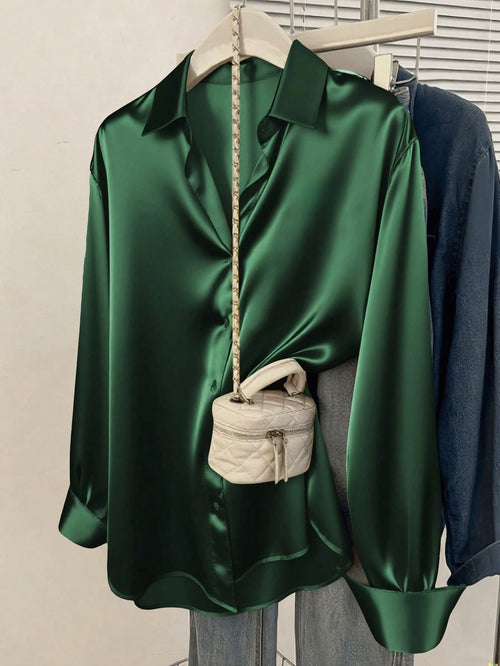 Women's Satin Button-Down Shirt, Business Casual Collared Top, Suitable For Office, Elegant Daily Wear, Spring, Autumn, Summer, Winter