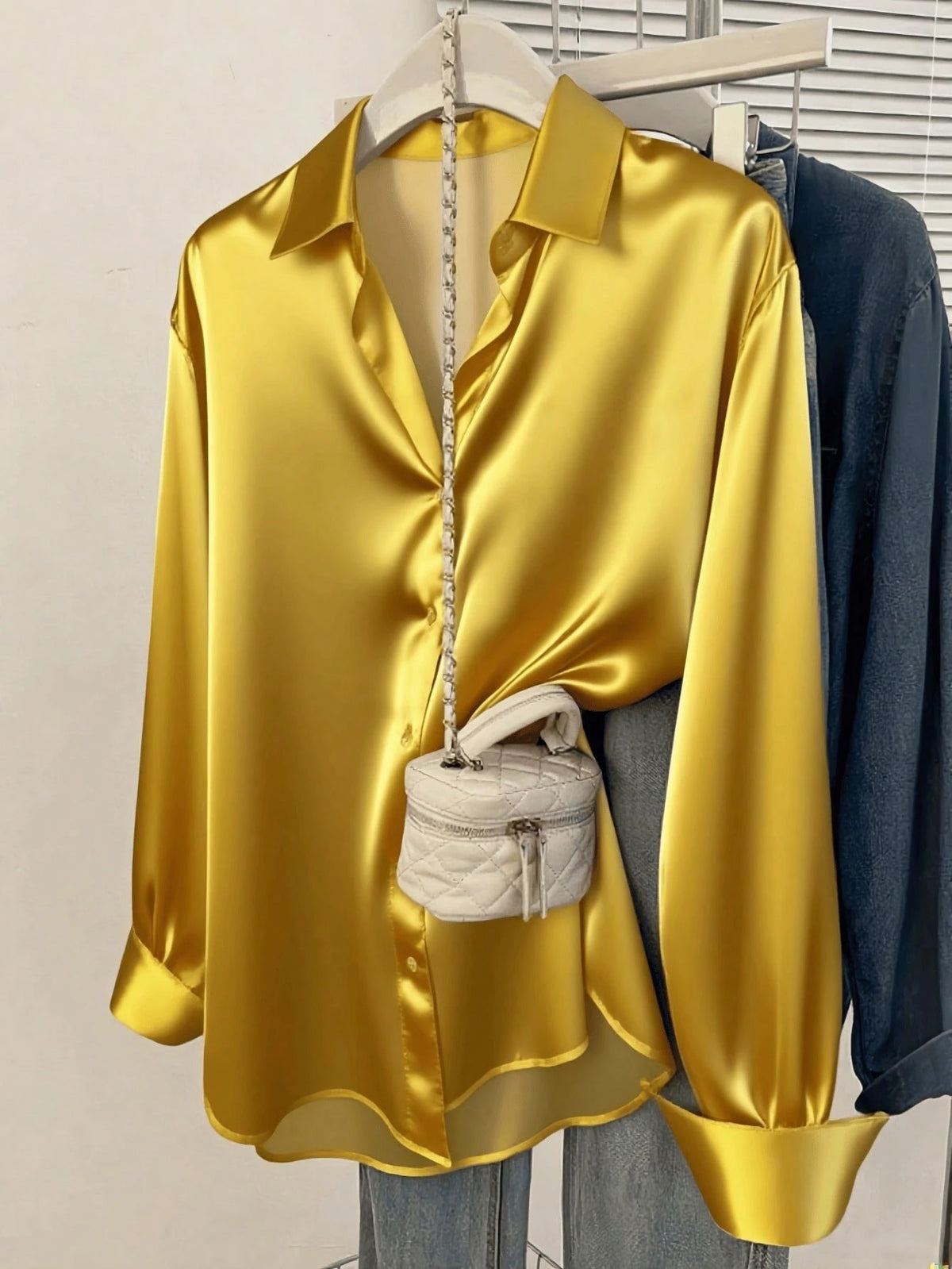 Women's Satin Button-Down Shirt, Business Casual Collared Top, Suitable For Office, Elegant Daily Wear, Spring, Autumn, Summer, Winter