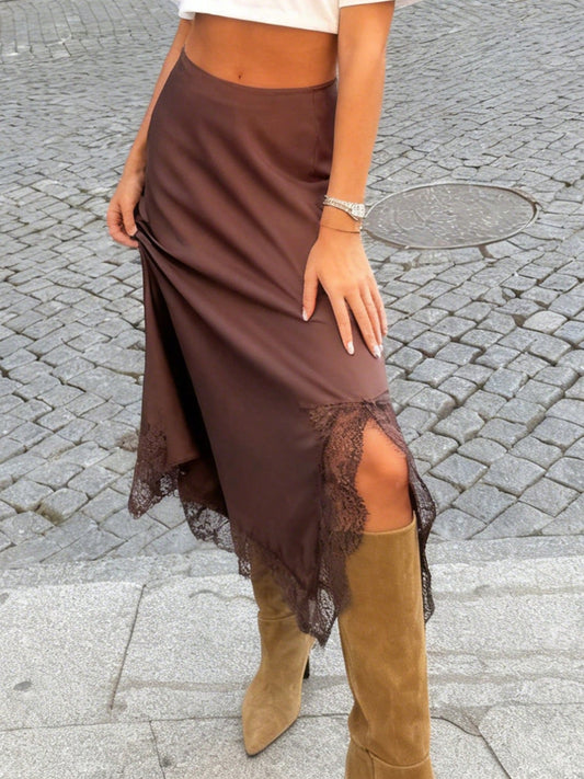 Women's Satin Lace Trim Maxi Skirt Elastic Waist Asymmetrical Lacy Hem Side Slit Skirt Half Slip Long Skirts Underskirt A Line Flowy Swing Midi Skirts