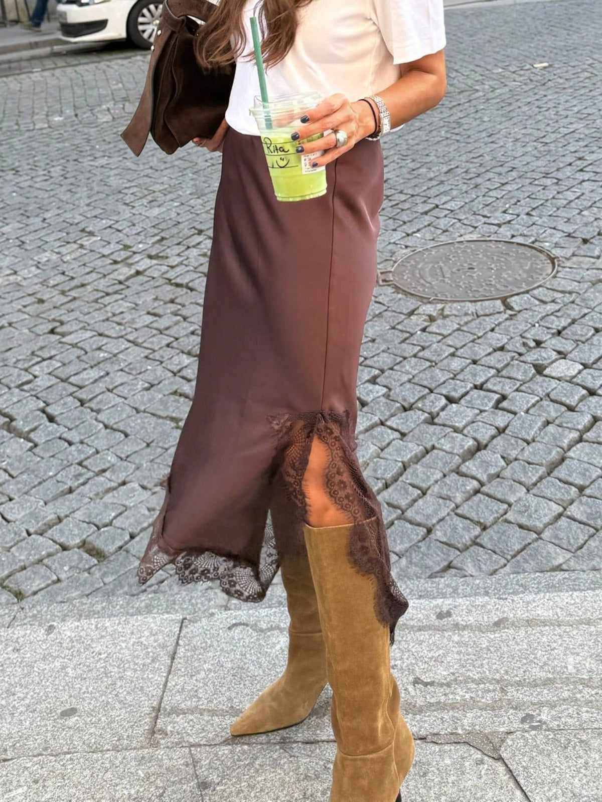 Women's Satin Lace Trim Maxi Skirt Elastic Waist Asymmetrical Lacy Hem Side Slit Skirt Half Slip Long Skirts Underskirt A Line Flowy Swing Midi Skirts