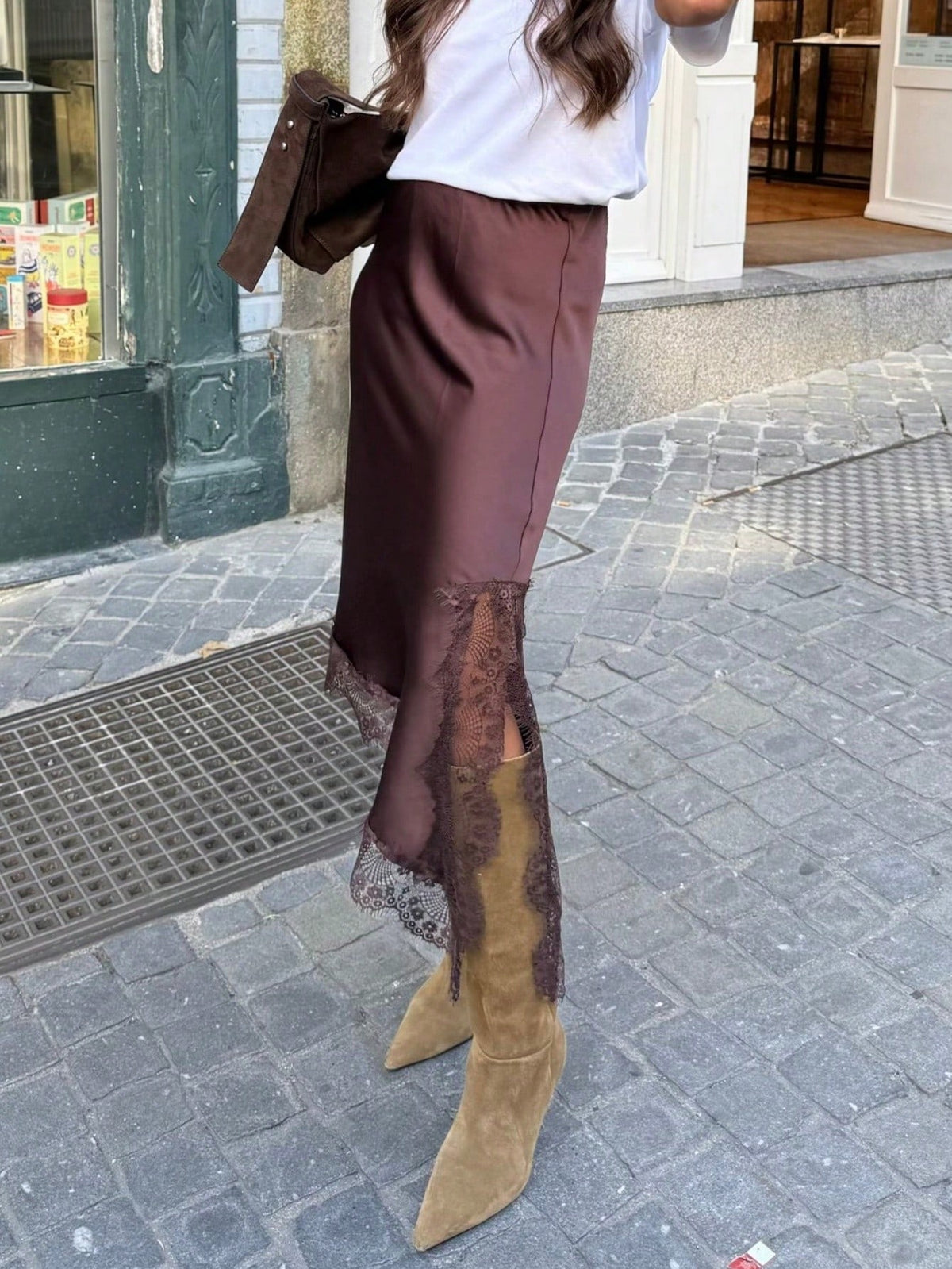 Women's Satin Lace Trim Maxi Skirt Elastic Waist Asymmetrical Lacy Hem Side Slit Skirt Half Slip Long Skirts Underskirt A Line Flowy Swing Midi Skirts