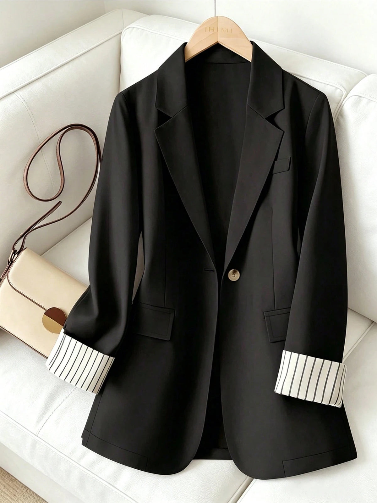 Women's Sleeve Stripe Patchwork Single-Button Regular Blazer Spring Fall