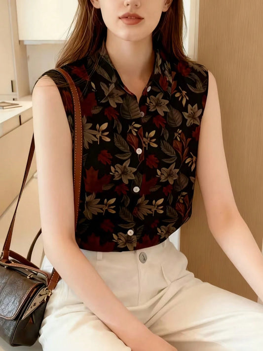 Women's Sleeveless Floral Print Button-Up Shirt, Casual & Comfortable Top Vacation Black Summer