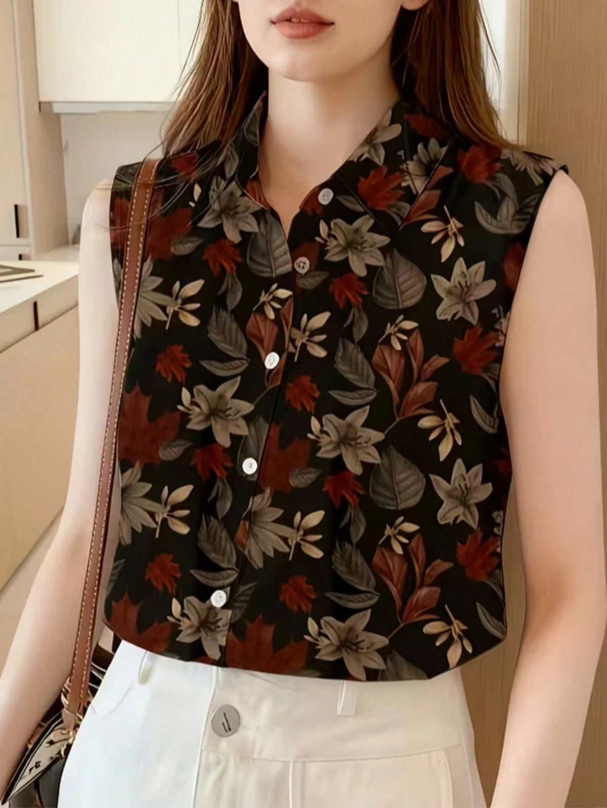 Women's Sleeveless Floral Print Button-Up Shirt, Casual & Comfortable Top Vacation Black Summer