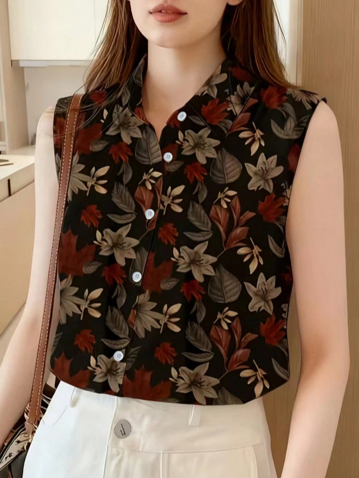 Women's Sleeveless Floral Print Button-Up Shirt, Casual & Comfortable Top Vacation Black Summer