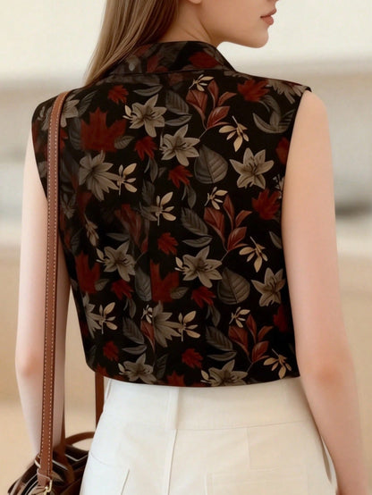 Women's Sleeveless Floral Print Button-Up Shirt, Casual & Comfortable Top Vacation Black Summer