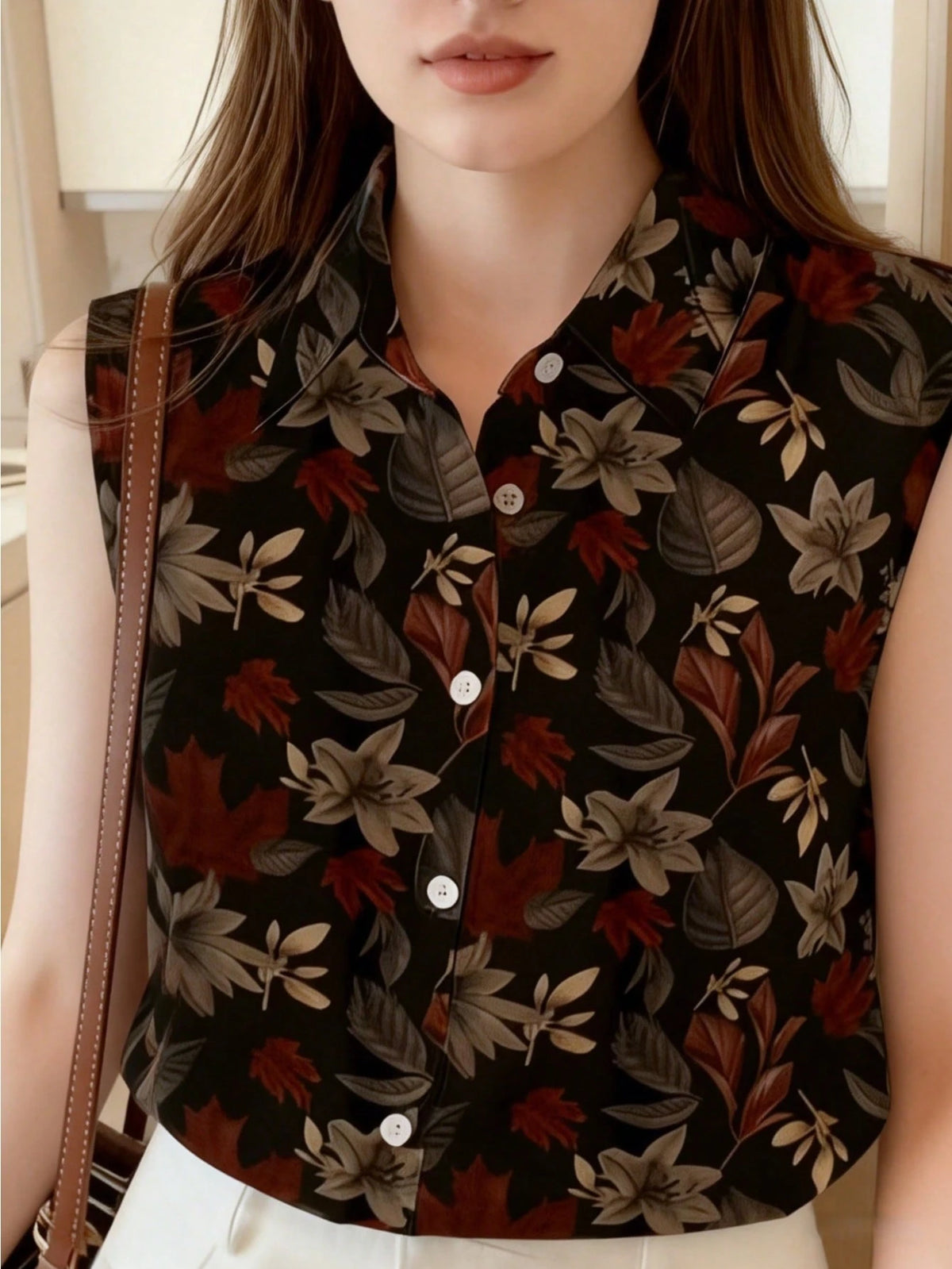 Women's Sleeveless Floral Print Button-Up Shirt, Casual & Comfortable Top Vacation Black Summer
