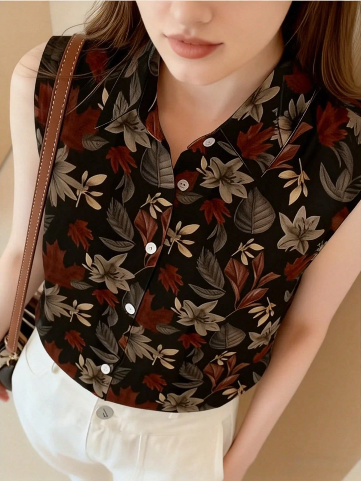 Women's Sleeveless Floral Print Button-Up Shirt, Casual & Comfortable Top Vacation Black Summer