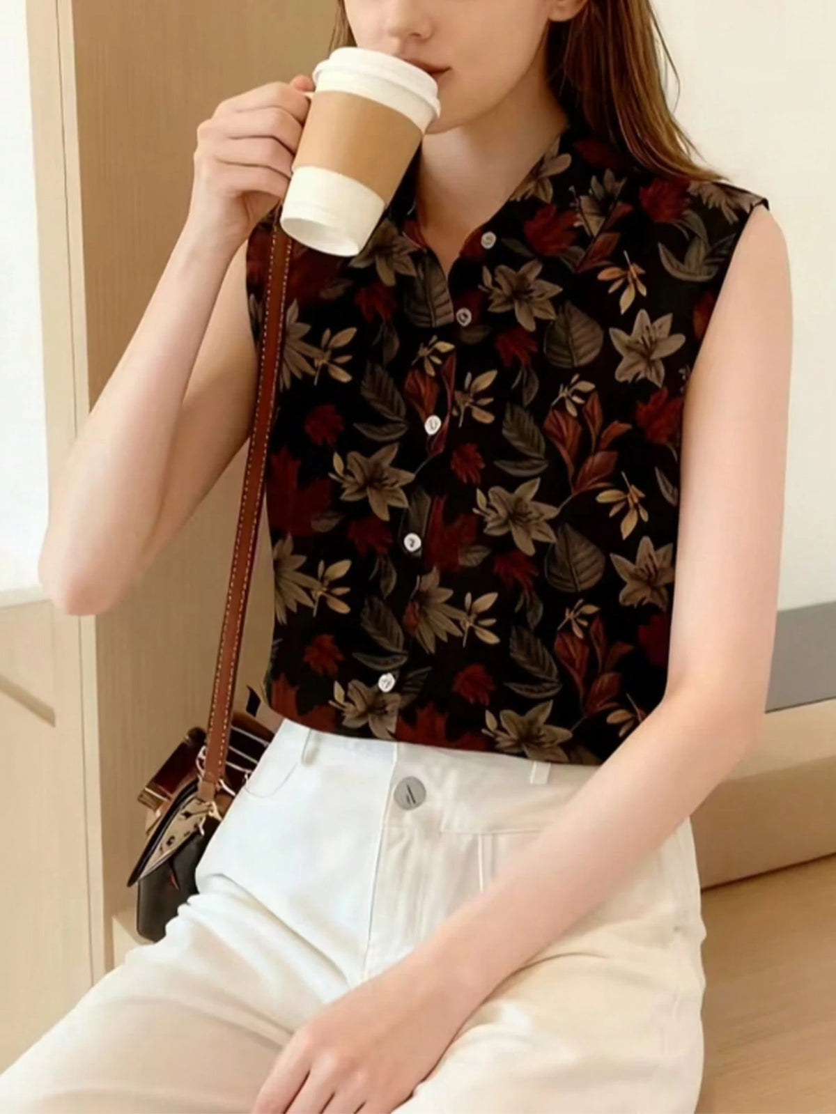 Women's Sleeveless Floral Print Button-Up Shirt, Casual & Comfortable Top Vacation Black Summer