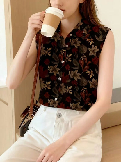 Women's Sleeveless Floral Print Button-Up Shirt, Casual & Comfortable Top Vacation Black Summer