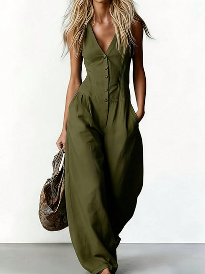 Women's Sleeveless V-Neck Button-Front Wide Leg Jumpsuit, Casual Linen-Blend Romper With Pockets