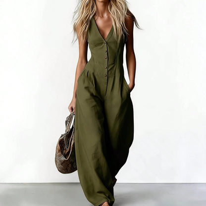 Women's Sleeveless V-Neck Button-Front Wide Leg Jumpsuit, Casual Linen-Blend Romper With Pockets