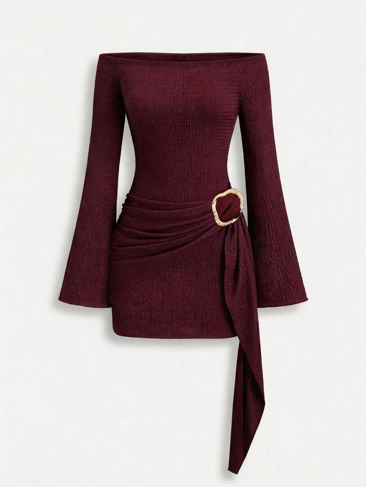 Women's Solid Burgundy Casual Knotted Textured Knit Formal Evening Dress, Accented With Solid Metal Buttons, Elegant And Fashionable, Suitable For Office, Home, Daily Wear, Vacation And Various Occasi