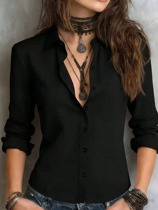 Women's Solid Color Long Sleeve Shirt, Featuring A Collared Design To Showcase A Professional And Capable Demeanor, Made Of Comfortable Fabric. Spring Black