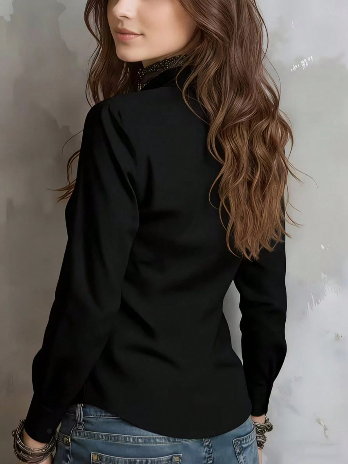 Women's Solid Color Long Sleeve Shirt, Featuring A Collared Design To Showcase A Professional And Capable Demeanor, Made Of Comfortable Fabric. Spring Black