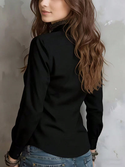 Women's Solid Color Long Sleeve Shirt, Featuring A Collared Design To Showcase A Professional And Capable Demeanor, Made Of Comfortable Fabric. Spring Black