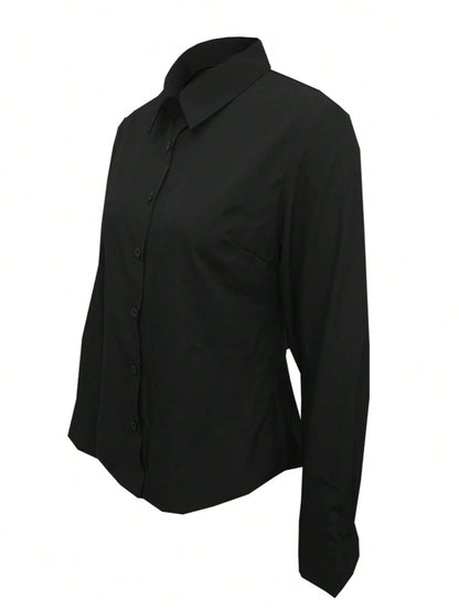 Women's Solid Color Long Sleeve Shirt, Featuring A Collared Design To Showcase A Professional And Capable Demeanor, Made Of Comfortable Fabric. Spring Black