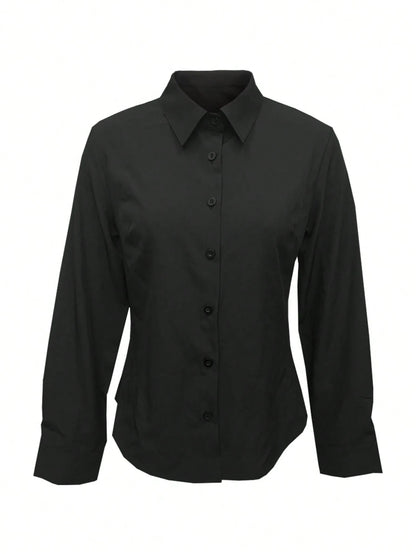 Women's Solid Color Long Sleeve Shirt, Featuring A Collared Design To Showcase A Professional And Capable Demeanor, Made Of Comfortable Fabric. Spring Black